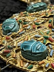 Vintage Egyptian Revival Pectoral Statement Necklace Glaze Soapstone Scarab Gilt