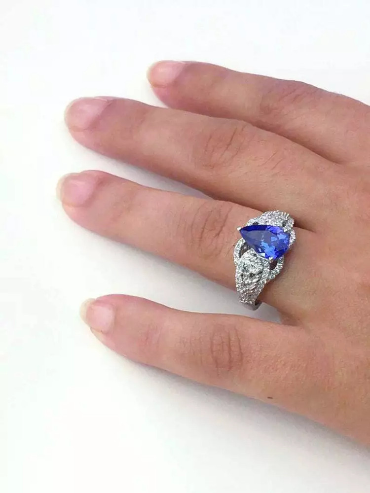 Pear Cut Blue 2.24CT Tanzanite With 0.66CT Shiny White CZ Best Engagement Ring
