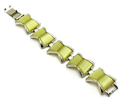 Vintage Art Deco Chartruese Thermoset Bracelet Silver Tone Moonglow MCM 7″