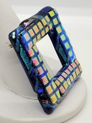 Dichroic Glass Brooch Fused Lampwork Abstract Cobalt Blue Iridescent Open Square