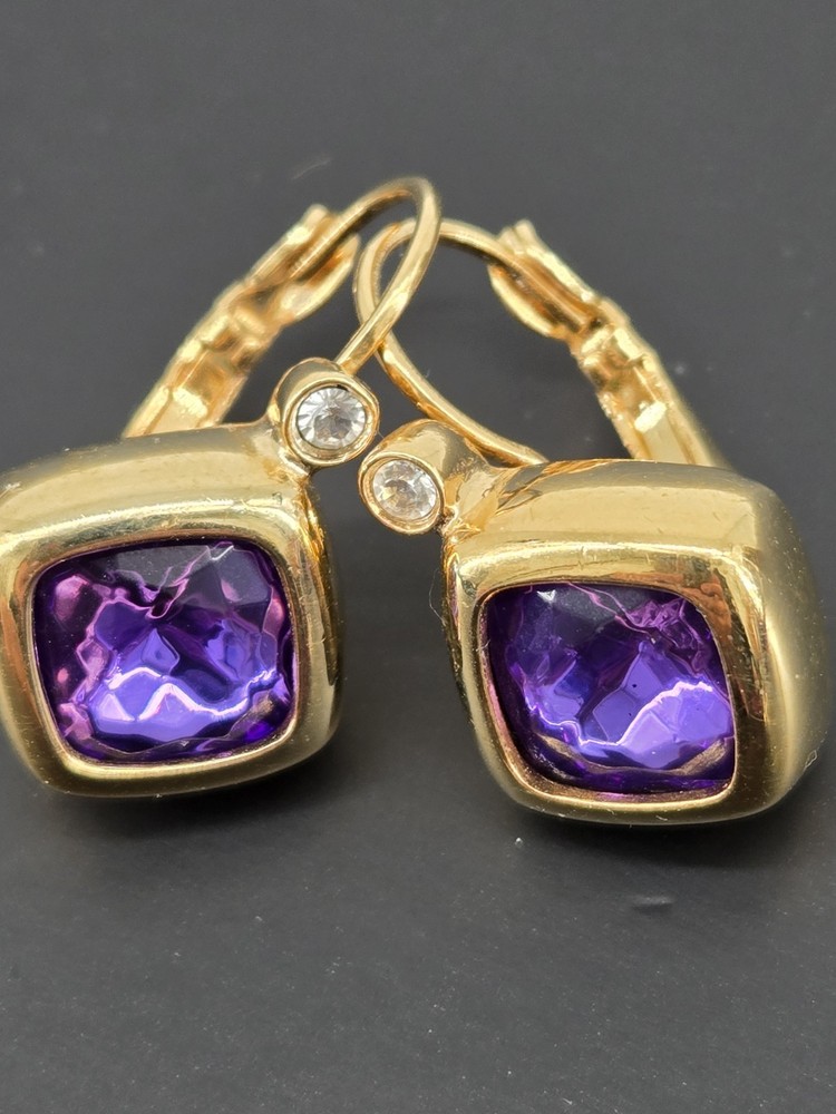 Vintage 90s Joan Rivers Purple Crystal Square Bezel Leverback Earrings