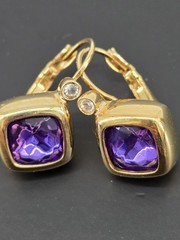 Vintage 90s Joan Rivers Purple Crystal Square Bezel Leverback Earrings