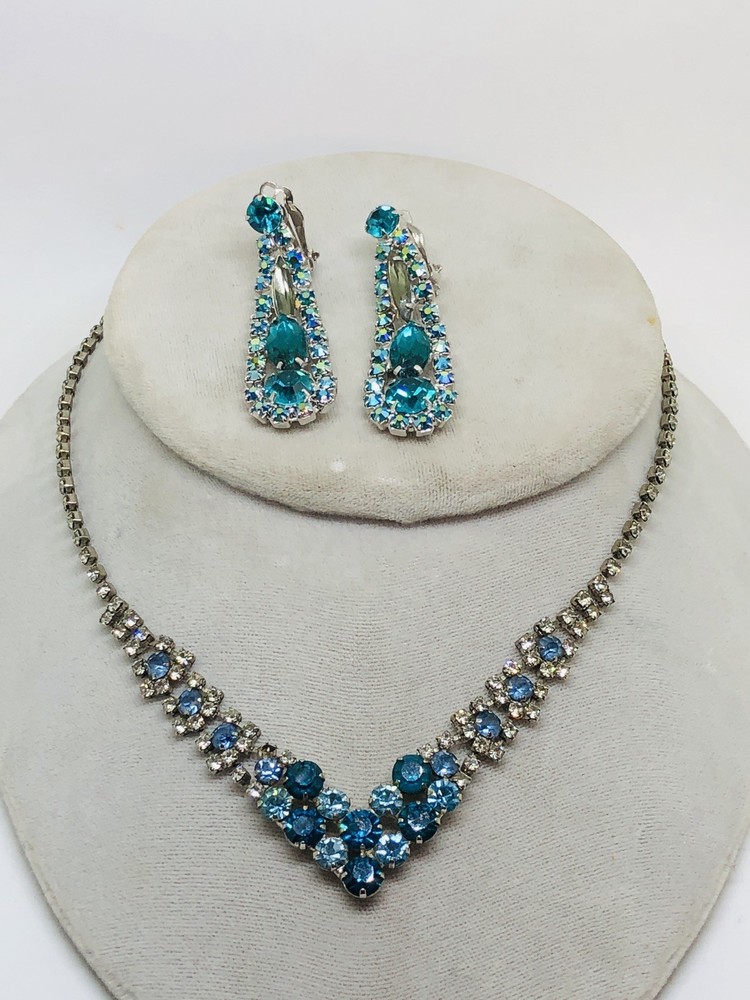 VTG CHRISTINA COLLECTION NECKLACE/EARRING SET TEAL/BLUE/CLEAR/SMOKEY RHINESTONES