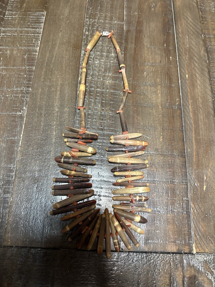 Vintage Tribal Horn Spike Bead Necklace Bone Shell Inlay Ethnic Statement