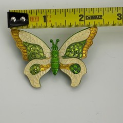 Vintage Germany Enamel Butterfly Brooch Green Cream Gold Tone Metal Pin
