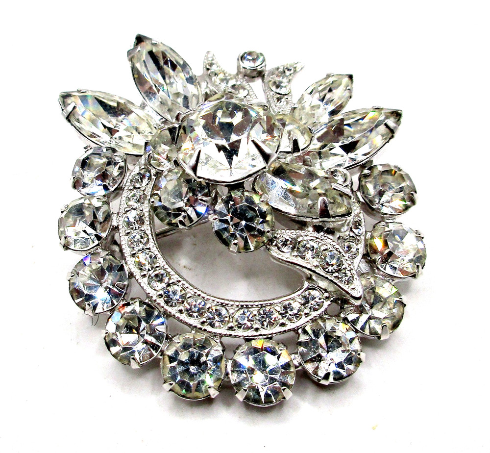 Vintage Signed Eisenberg Ice Rhodium-Plated Sparkling Rhinestone Floral Brooch