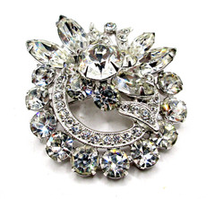 Vintage Signed Eisenberg Ice Rhodium-Plated Sparkling Rhinestone Floral Brooch