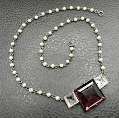 Vintage Art Deco Pearl & Purple Glass Pendant Necklace 925 Silver Clasp READ