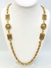 Premier Designs Gold Tone Etruscan Style Greek Key Crystal Necklace 36 in