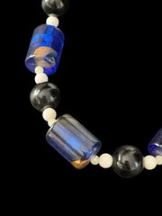 Vintage Swirled Barrel Bead Necklace Cobalt Blue Gold Swirl