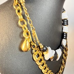 Statement Necklace Lot Black White Gold Chunky Curb Chain 18 in Vintage