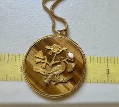 Vintage Double Sided Tiger’s Eye Gemstone Pendant With A Peacock On The Front