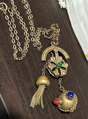 RARE Antique Brass CZECH Unique Necklace Tassel Stone Chatelaine Pulley Fob
