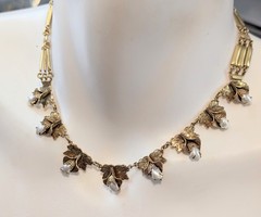 Vtg Estate Brass Genuine Pearl Flower Leaf Link Necklace 15.5″ 3D