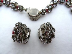 VINTAGE DALSHEIM RHINESTONE SPHERES RED CRYSTAL AB BEADS NECKLACE EARRINGS SET