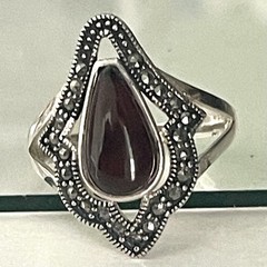 QSYZP Silver Marcasite Banded Agate Sardonyx Teardrop Ring Vintage StyleSIZE 8
