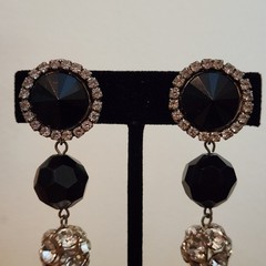 Vintage Signed Les Bernard Rhinestone & Faceted Black Dangle Ball Earrings 4″