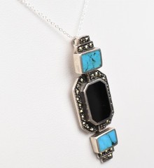 Sterling Silver Art Deco Turquoise Onyx Marcasite Pendant Necklace 18in 6.2g