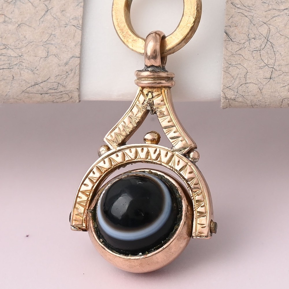 Antique Victorian Bullseye Agate Spinner Yellow Gold Filled Fob Charm Pendant