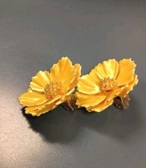 Vintage Flower Clip On Earrings Yellow Enamel Layered 1.25″