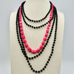 Vintage Black Pink Bead Necklace Set Flapper Opera Long Layered Retro Mod