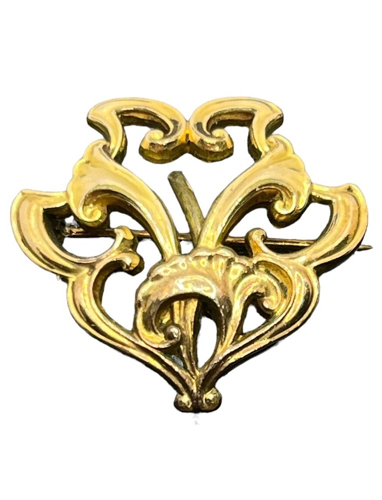 Antique gold tone ornate watch clip pin brooch Art Nouveau flowers