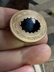 Victorian Ornate Mourning Brooch Etched Gold Fill Metal Onyx Center C Clasp Pin