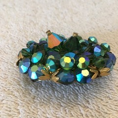 Vintage Brooch AB Crystal / Glass Beads Faceted Heavy Blues & Greens Sparkly