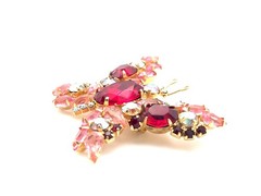 Vintage Gold Tone Red Pink Aurora Borealis Butterfly Rhinestoone Brooch Pin