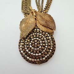 Rare Miriam Haskell Signed 5 Strand Necklace Wired Faux Pearl Leaf Pendant VTG