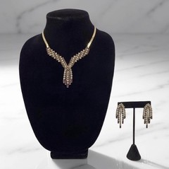 Hobe Necklace And Earrings Gold Tone Clear/Purple Rhinestones Fringe