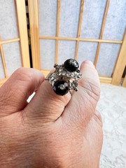 Vintage Silver Tone Adjustable Ring Clear Crystals Black Faceted Round Beads 7″