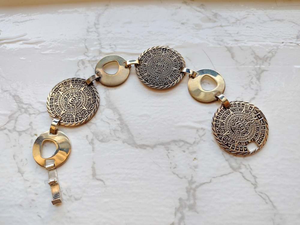 Vintage Sterling Silver 925 Aztec Mayan Calendar Link Bracelet 7.5 inch.