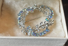 Vintage Silver tone Aurora Blue Clip Earrings Brooch Pin Leaf Wedding Gift