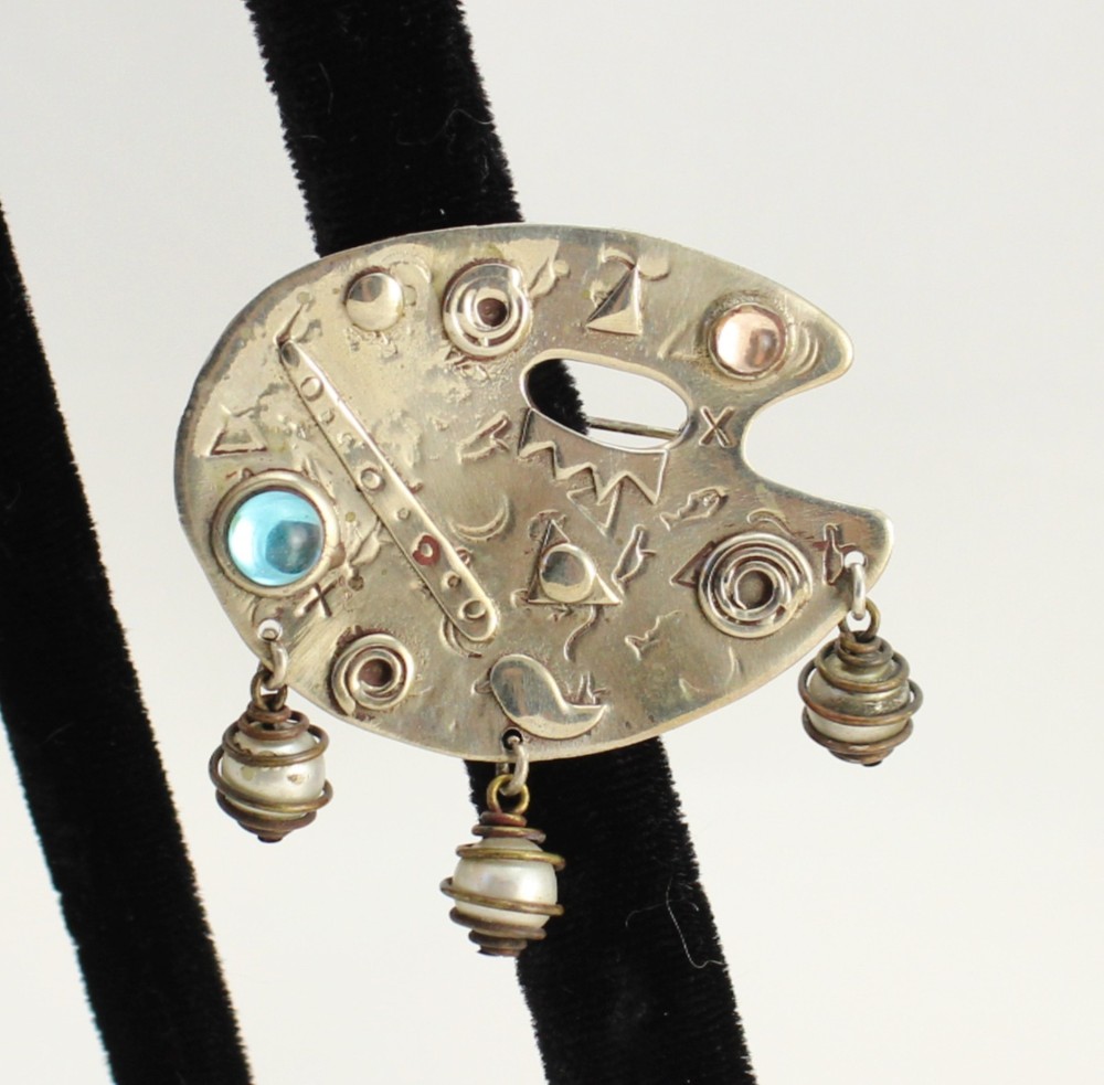 Vintage 80s Deborah Roberts Modernist Whimsy Palette Caged Pearl Dangle Pin