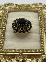 Vintage Black Rhinestone Dome Cocktail Ring Adjustable Size 6.5 Gold Tone