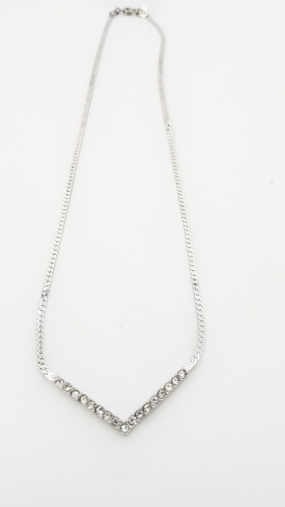 Vintage Monet Silver Tone Rhinestone V Shape Chevron Necklace Herringbone 15 in