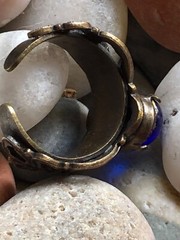 Vtg KIM CRAFTSMAN RING Bright Blue Cabochon Brass Signed Adjustable COCKTAIL
