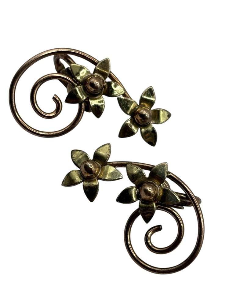 VTG Sterling Silver 925 Floral Ear Climber Swirl Earrings Gold Plated Clip On