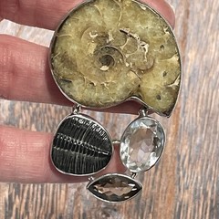 Sterling Silver Ammonite Fossil Gemstone Pendant Bezel Set 32g 3” Length