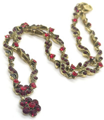 Vintage Rhinestone Necklace Red Crystal Gold Tone Flower Pendant JHS