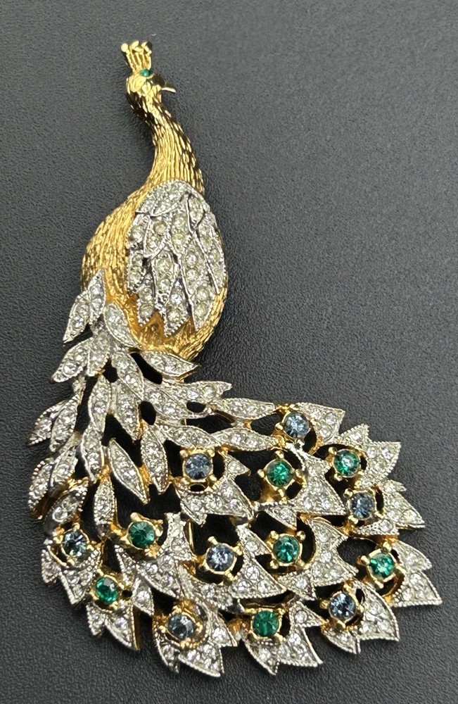 Designer (Panetta?) Signed Pave Rhinestone Peacock Brooch