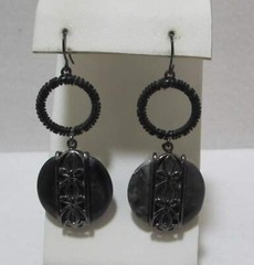 Vtg Gun Metal Black Wrapped Grey Lucite Disk Dangle Earrings Pierced