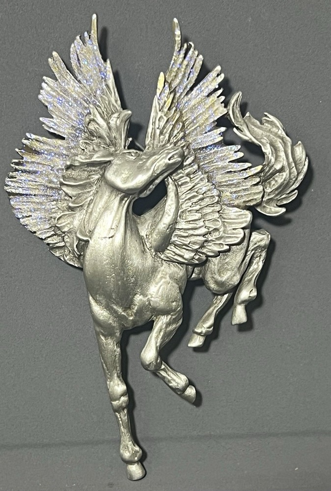 Vintage JJ Jonette Brooch Pewter Horse Pegasus Purple Glitter 3.5 Inches