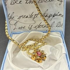 Vintage 12k Gold Filled Pocket Watch Sugar-Puff Link Chain FOB Dog Clip,Pink Gem