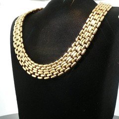 Vintage 5‑Row Panther Link Choker Necklace Gold Tone Wide Brick Mesh 1960s–1980s