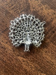 Vintage Peacock Pendant Filigree Rhinestone Statement Silver Tone Large No Chain