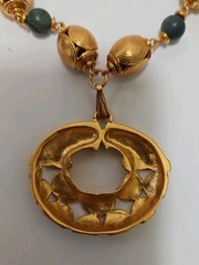 Gold Plated 24k PreColumbian Inca Pendant Necklace & Drop Earrings Set Faux Jade