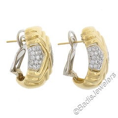 Roberto Casarin 18K TT Gold 0.60ctw Pave Set Diamond Wide Grooved Cuff Earrings