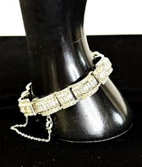 VTG ART DECO Style Rhodium Plated Baguette Rhinestone Link Bracelet 7.5″L BLING!